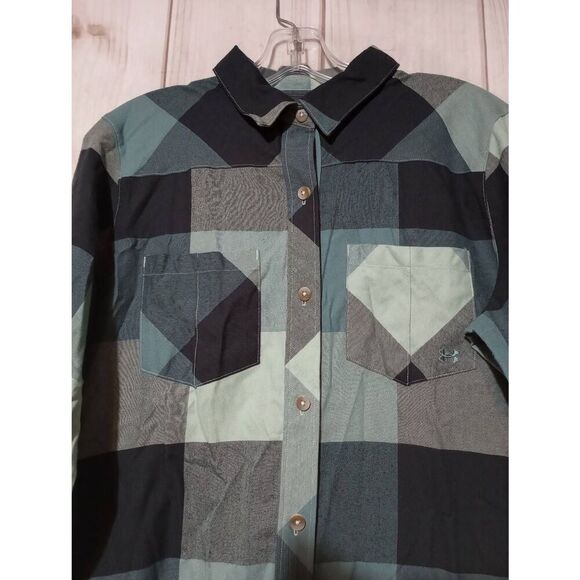 Under Armour Shirt Ladies Medium Teal Plaid Button Front Long Sleeve Flannel Gor - Picture 3 of 9